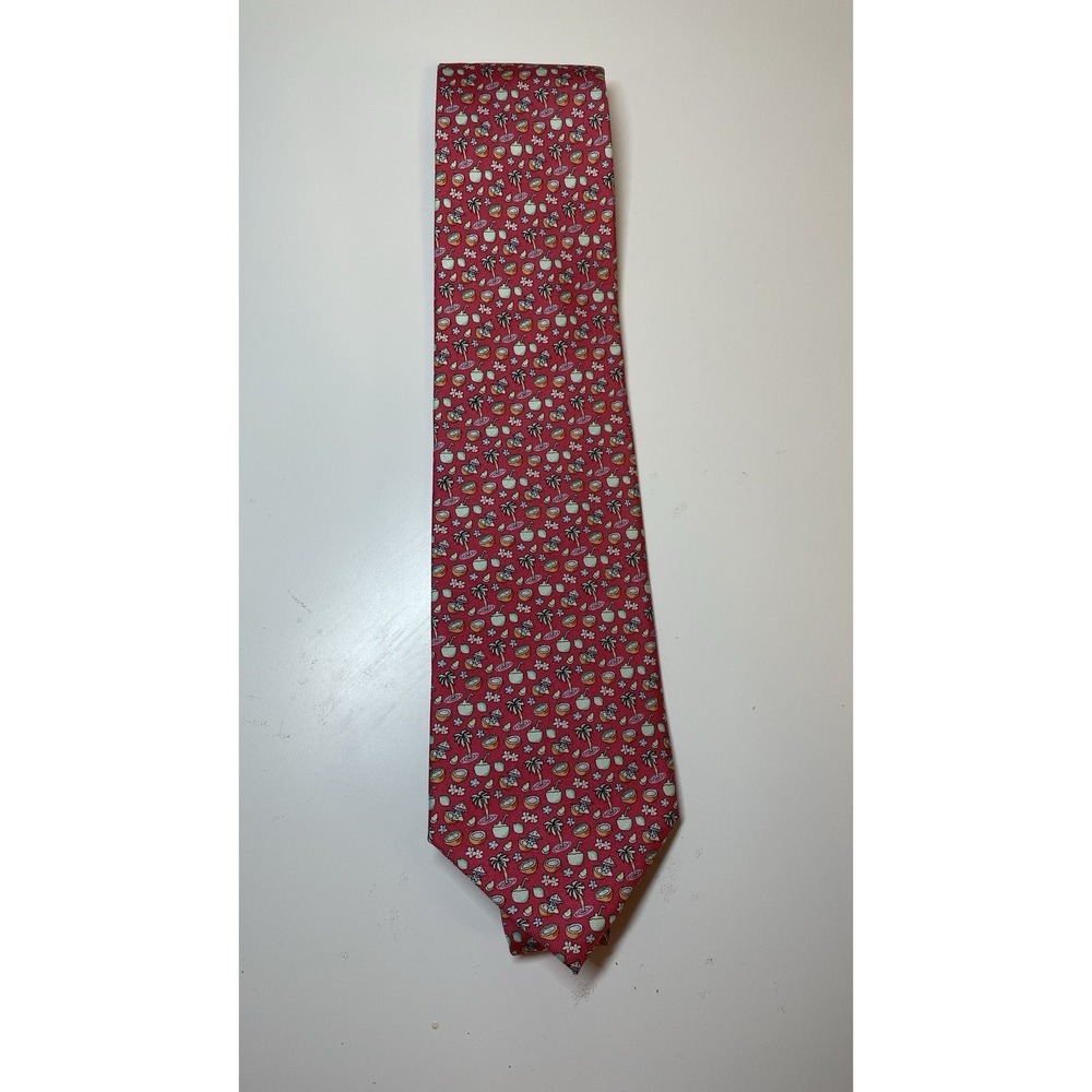 Vineyard Vines Pink Tropical Drink Coconut Cruise Palm Tree Silk Neck Tie EUC